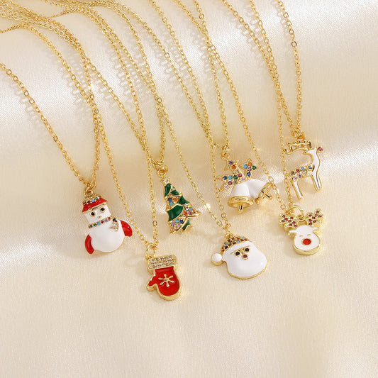 Festive Oil-Drop Rhinestone Necklace – Christmas Tree, Santa, Elk & Snowman Pendant