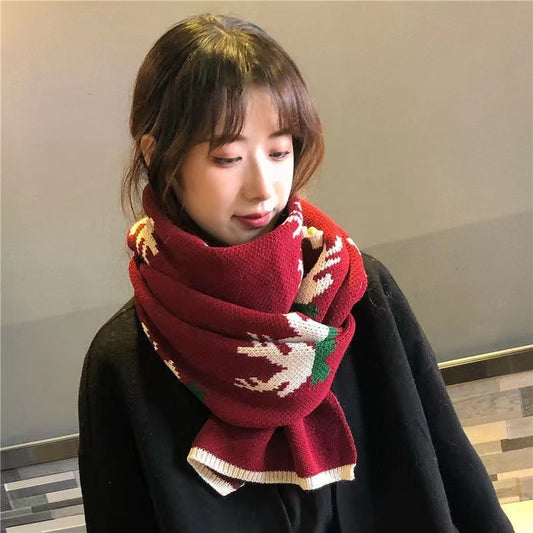 Festive Deer Knit Red Scarf – Winter Holiday Acrylic Neck Warmer