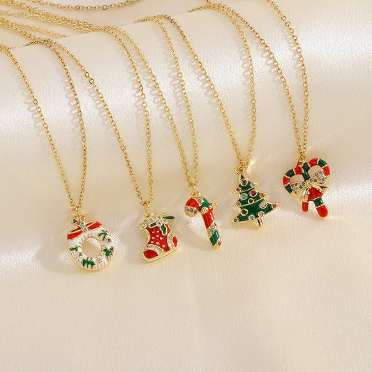 Festive Oil-Drop Rhinestone Necklace – Christmas Tree, Santa, Elk & Snowman Pendant