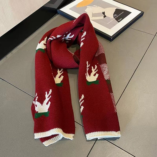 Festive Deer Knit Red Scarf – Winter Holiday Acrylic Neck Warmer
