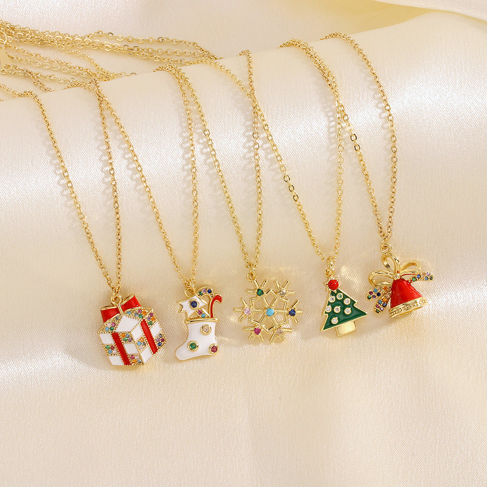 Festive Oil-Drop Rhinestone Necklace – Christmas Tree, Santa, Elk & Snowman Pendant